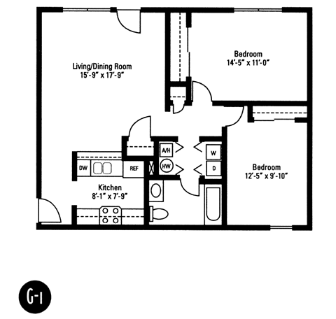 Two bedroom one bathroom garden apartment floorplan for Crawford Square Apartments